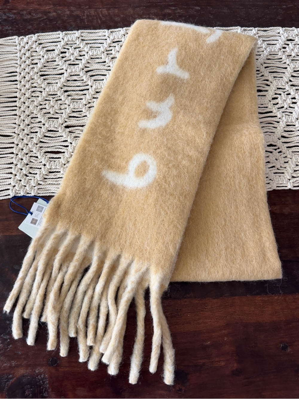 Burberry Logo Text Jacquard Reversible Alpaca & Wool Blend Fringe Scarf - NWT
